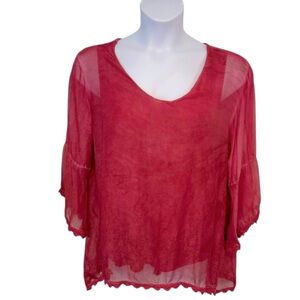 Silk Bohemian Sheer Top Made in Italy Lace Trim Romantic Bell Sleeves Large